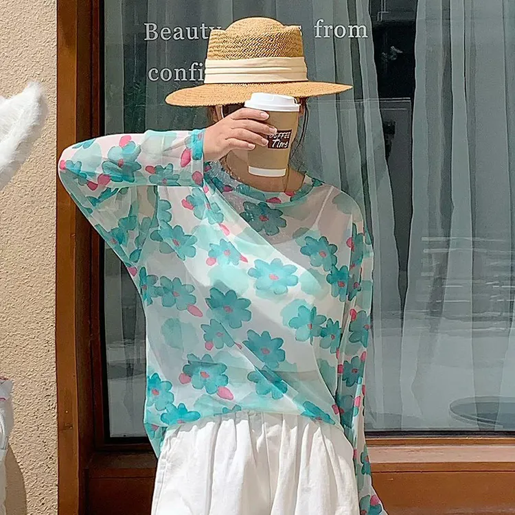 新款遮阳透气印花网纱冰丝上衣 宽松圆领长袖T恤薄款防晒防紫外线