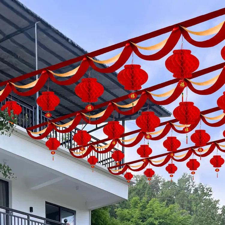 2026新年装饰拉花开门红会场元旦春节开业室内吊顶彩带马年波浪旗