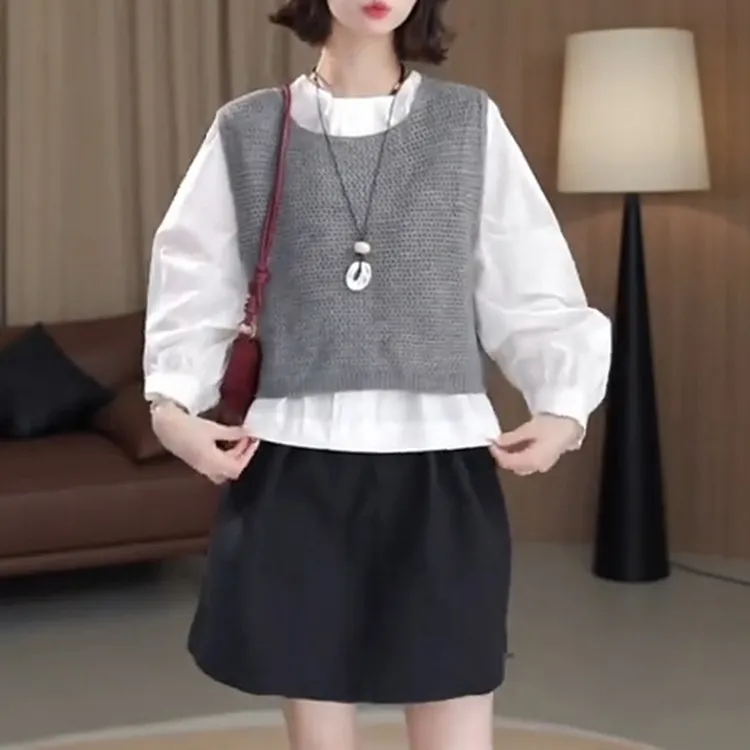 针织背心马甲韩系早秋穿搭一整套女长袖衬衫上衣两件套