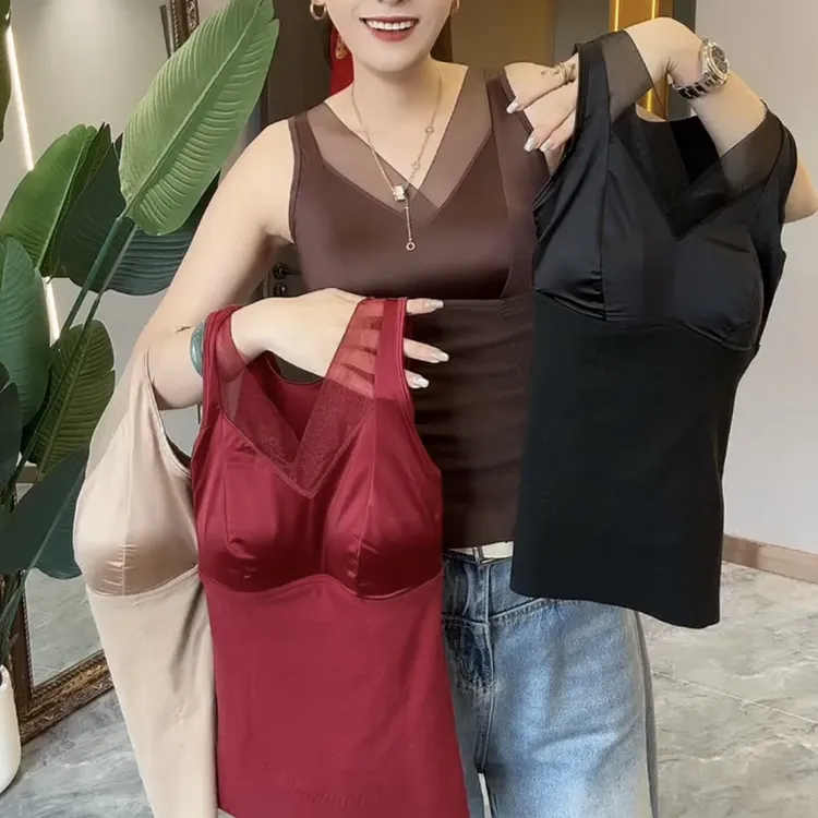 缎面拼接网纱领修身保暖背心固定杯无钢圈聚拢上托保暖马甲外穿
