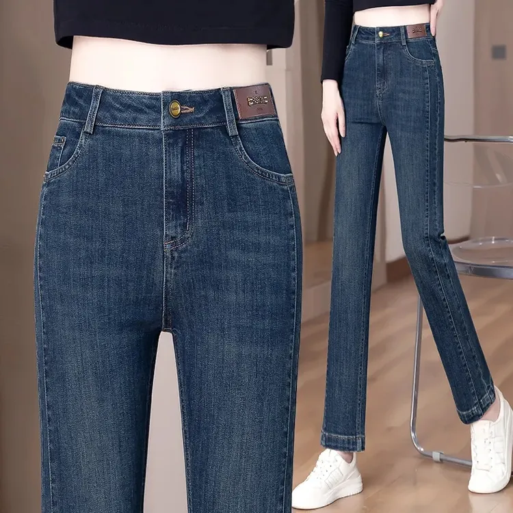 高腰牛仔裤女2025秋冬新款烟管裤水洗拼接百搭显瘦弹力大码直筒裤