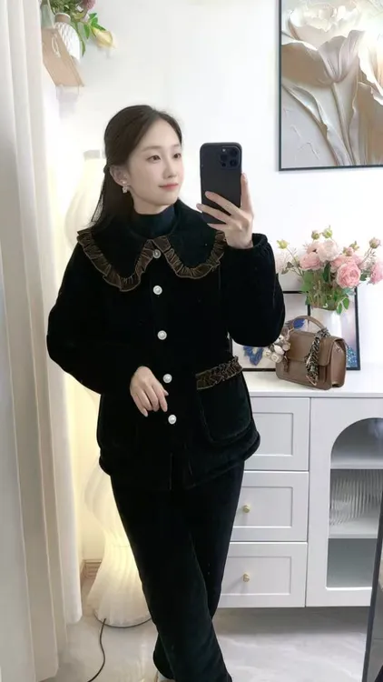 冬季外穿休闲咖色娃娃领花边套装秋冬睡衣加绒加厚家居服保暖套装