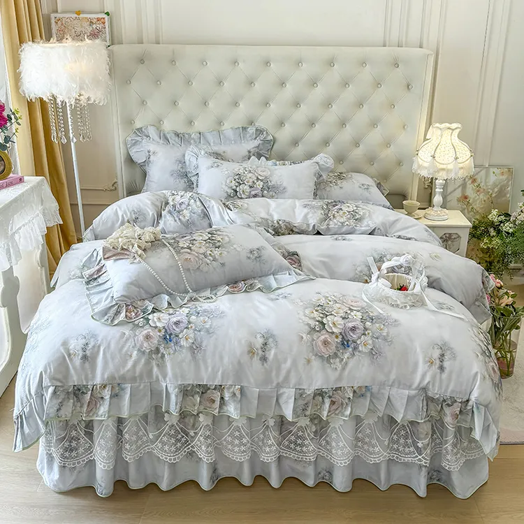 韩版全棉公主风蕾丝花边床裙四件套法式浪漫被罩纯棉床罩花边被套
