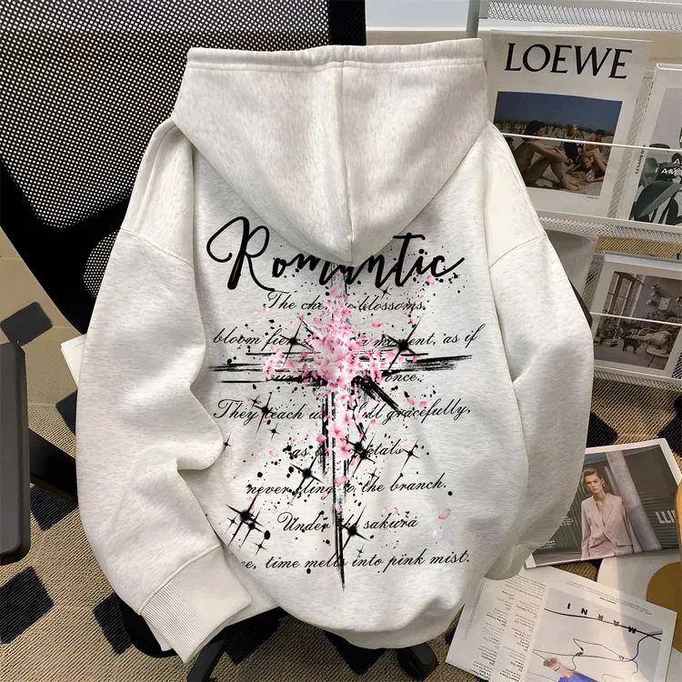 重磅美式高街樱花十字印花连帽卫衣男女秋冬新款宽松oversize外套