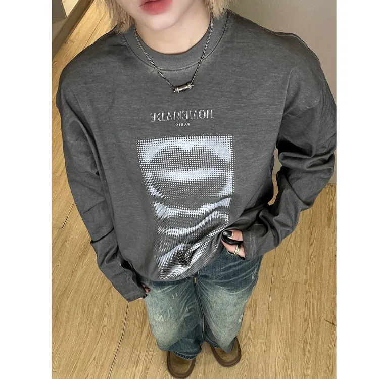 【热吻】街头美式休闲印花重磅宽松男女长袖打底T恤卫衣小众潮牌