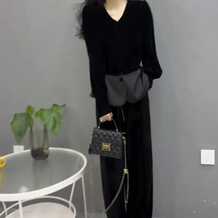 秋冬新款法式丝绒套装显瘦气质长袖洋气时尚百搭黑色休闲两件套女