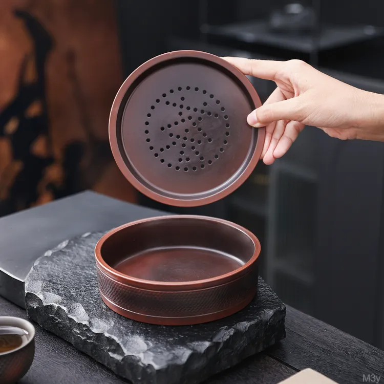 创意紫陶建水满工跳刀茶壶盖碗茶水分离壶承大容量蓄水茶盘干泡台
