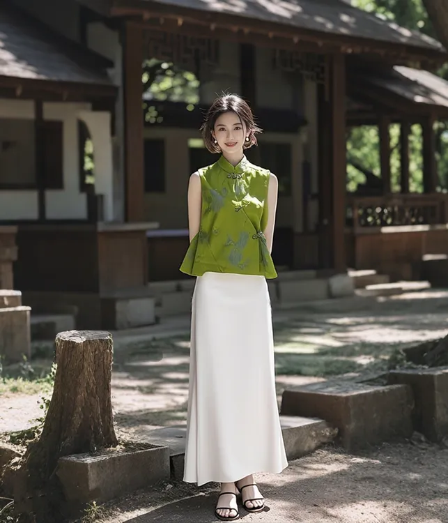 SS1114新中式国风女士夏季气质盘扣马甲上衣半身裙套装