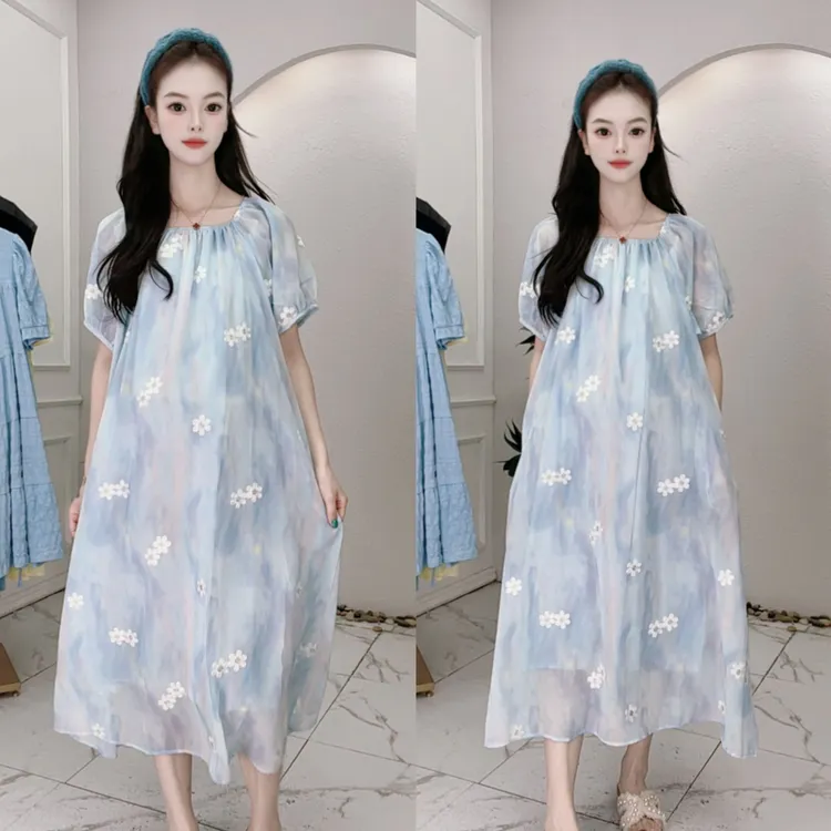 孕妇装2025夏季新品时尚百搭显瘦刺绣短袖连衣裙-82088