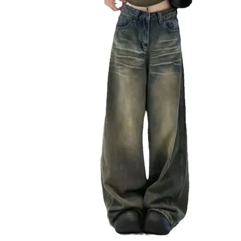 新款复古垂感做旧水洗高腰宽松大长裤男女秋冬四季厚款蓝色无弹拖