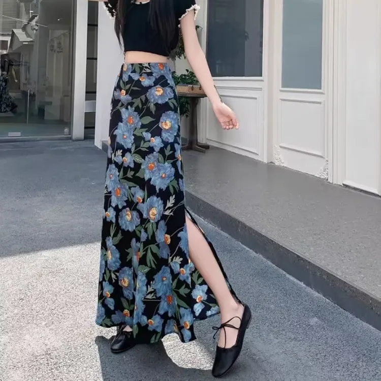 春夏侧开叉碎花雪纺半身裙女2025新款法式风情万种包臀鱼尾长裙子