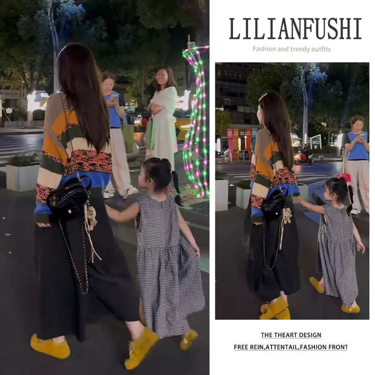 【现货速发】韩系2025秋季新款圆领拼色长袖针织衫显瘦阔腿裤两件套