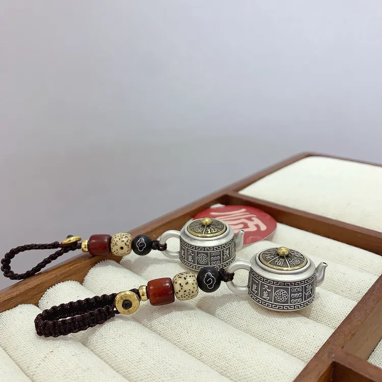 百福全 足银银制品 手把件纯银999把把壶小茶壶钥匙扣挂饰件吊坠