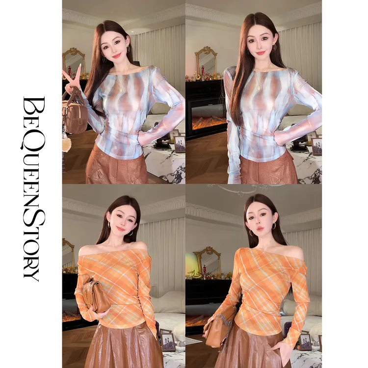  余潇潇【自由画报】时尚复古拼接褶皱遮盖小肚腩一字肩修身上衣