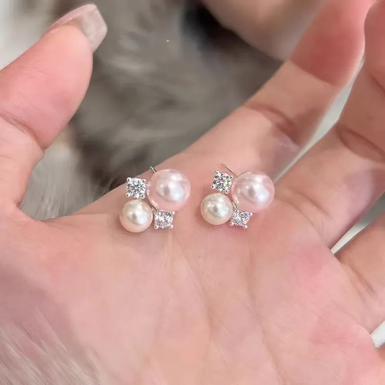 法式温柔粉色珠珠仿锆耳钉女轻奢小众高级感气质耳环独特设计耳饰