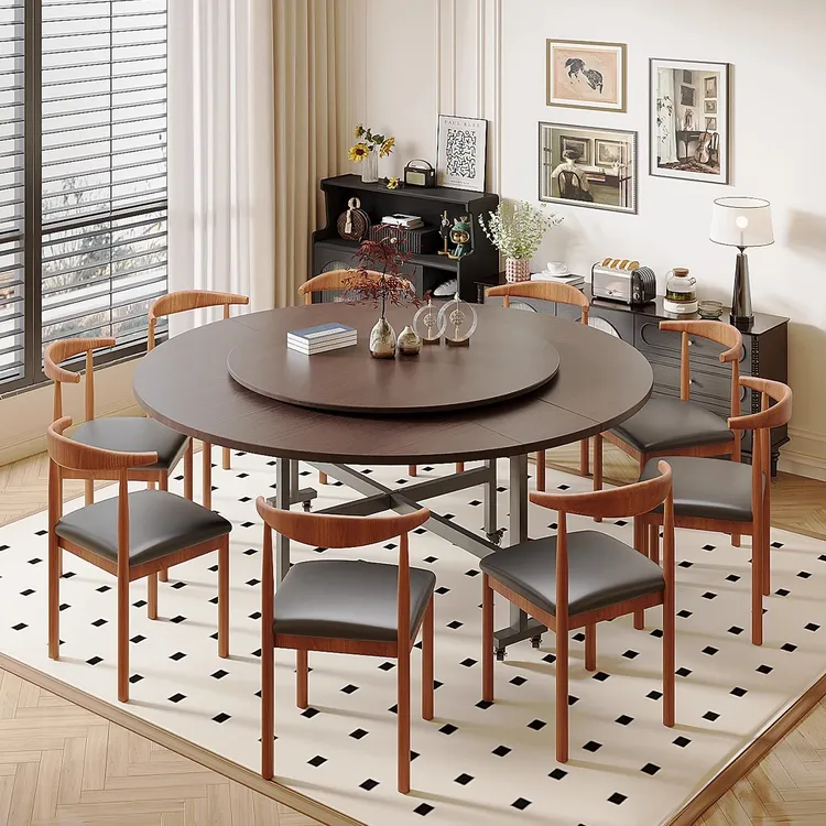 折叠餐桌家用小户型餐桌10人简约靠三折叠餐桌圆桌带转盘新款聚餐