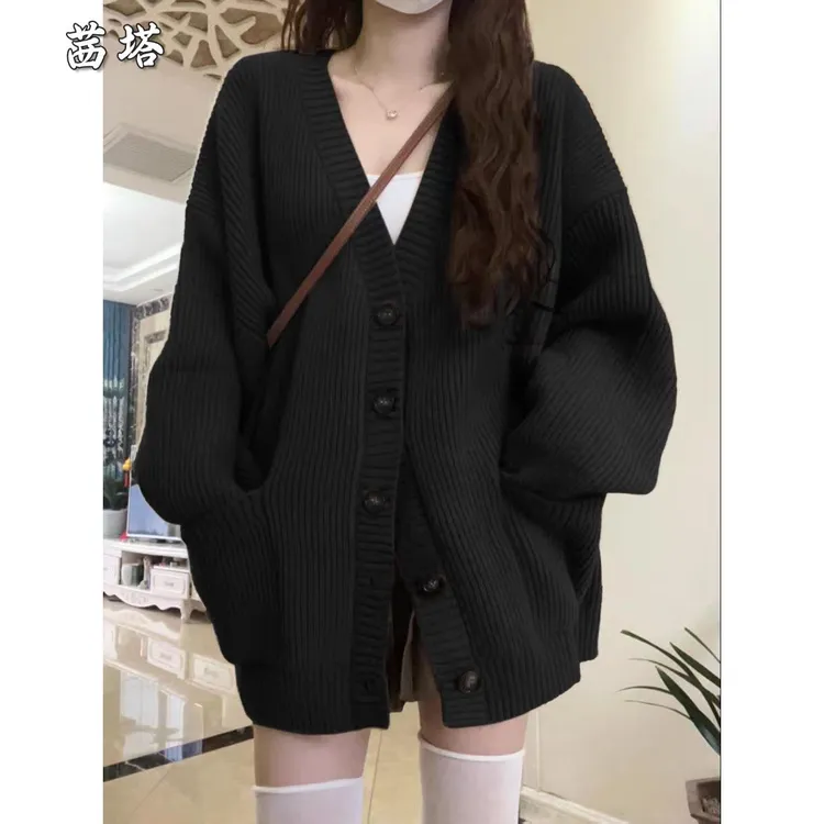 黑色毛衣外套女秋冬2025新款宽松外穿日系慵懒风覆古软糯针织开衫