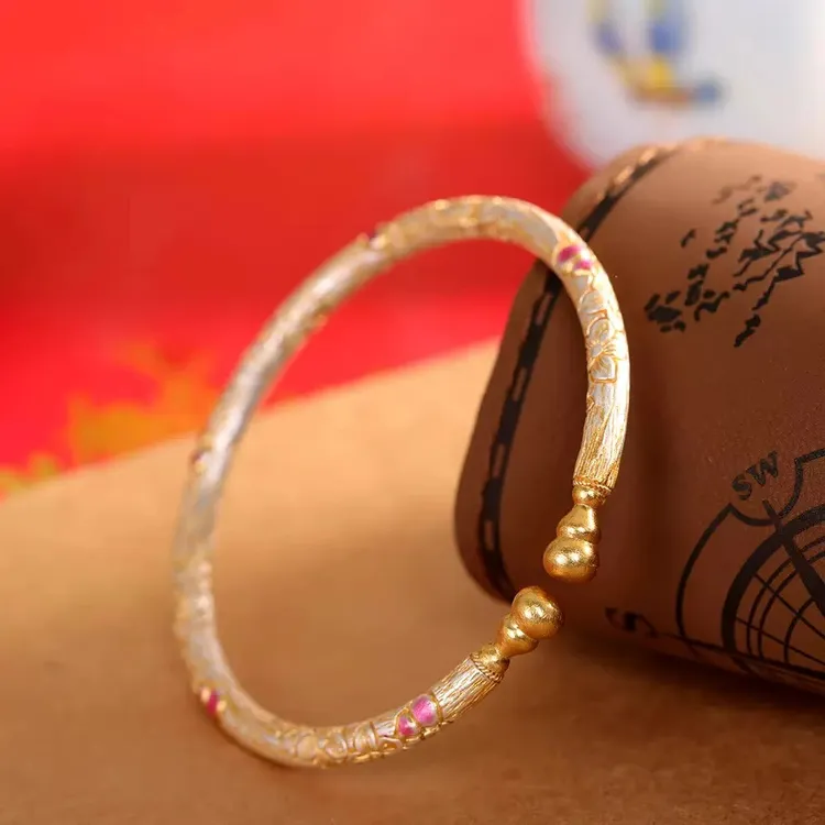 足银手镯 古法描金9999足银樱花手镯开口珐琅国风送女友老婆礼物