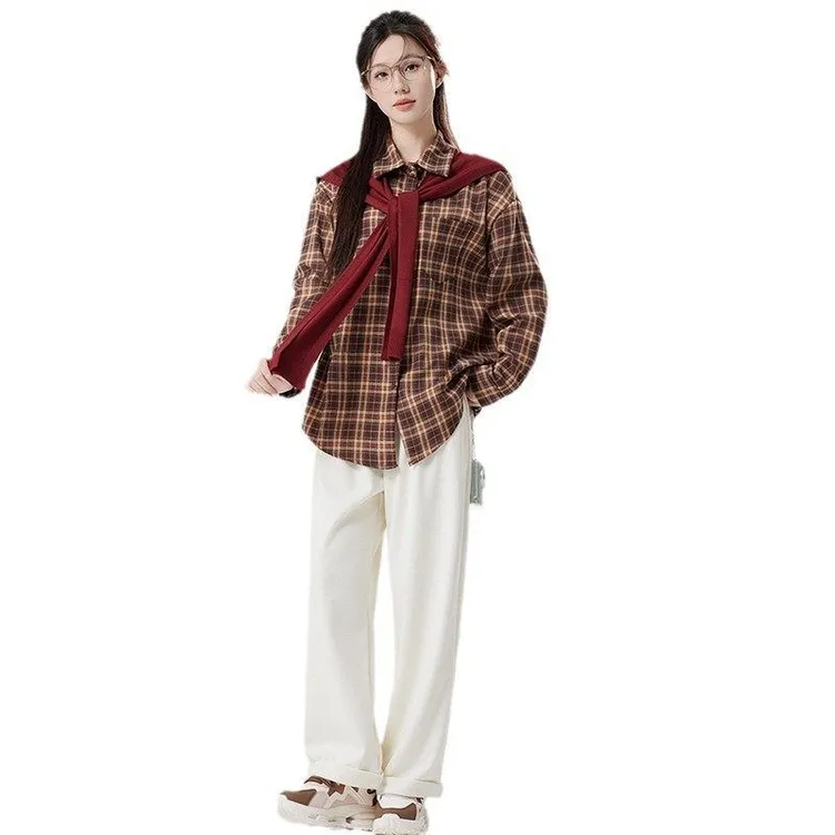 磨毛加厚格子衬衫+披肩两件套2024秋冬季新款学生减龄文艺女装