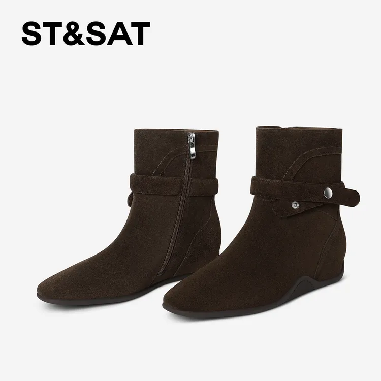 St&Sat/星期六侧拉链方头百搭气质时装靴英伦风短筒低跟马丁靴