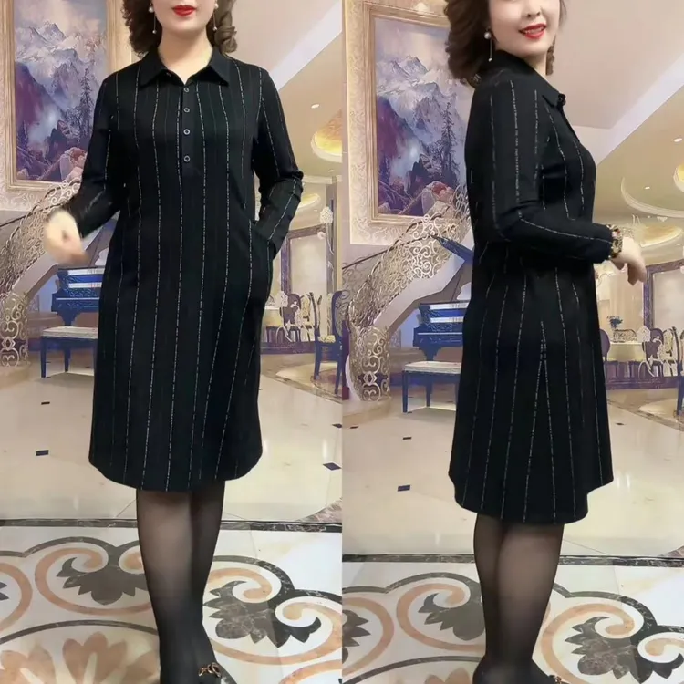 时尚百搭条纹显瘦中长款连衣裙