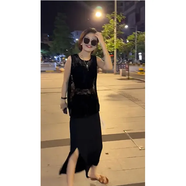 欧货夏季时尚丝绒坎袖上衣搭配高腰显瘦半身裙两件套轻熟洋气套装