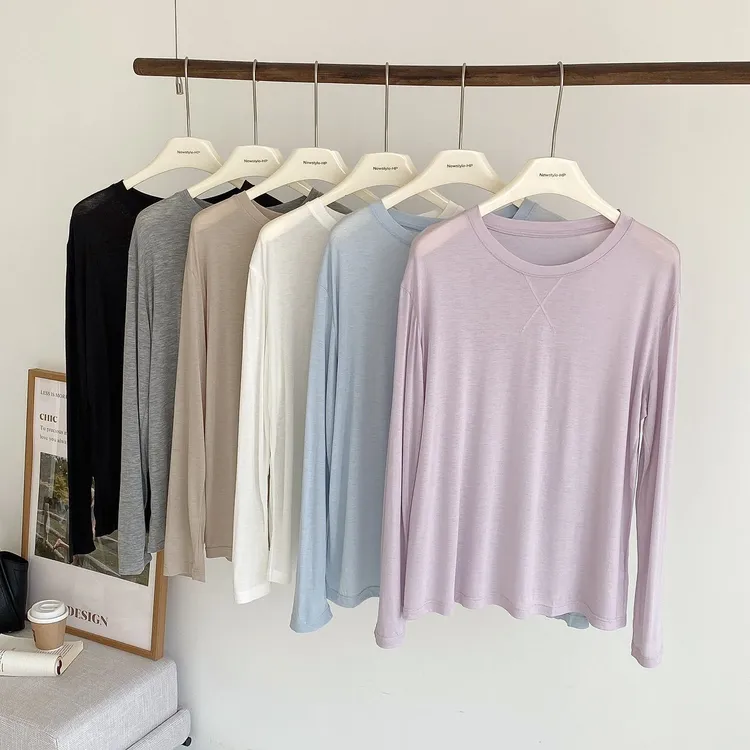 莱赛尔天丝绵羊毛长袖打底衫春夏宽松内搭圆领面膜T恤纯色罩衫
