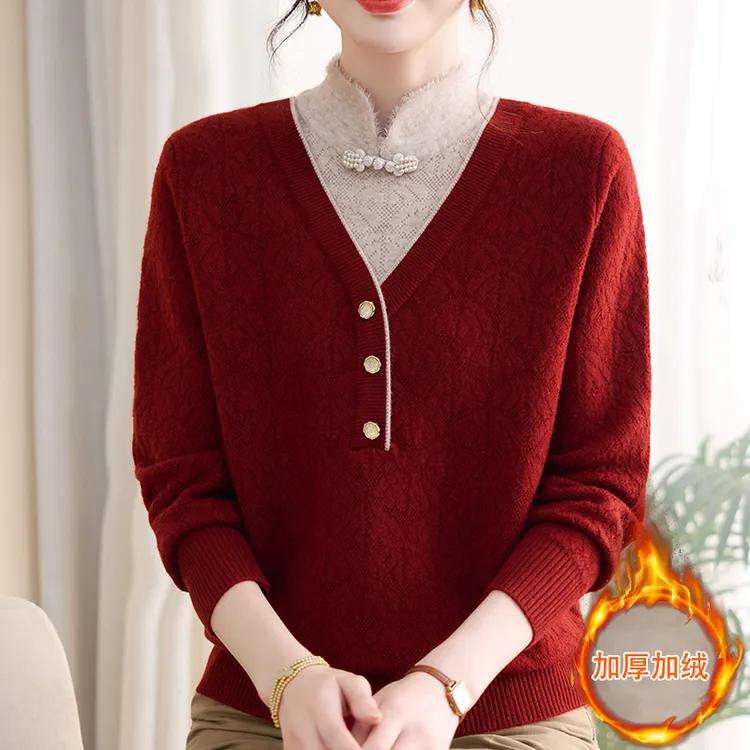 新中式妈妈冬装假两件加绒毛衣加绒中年女国风针织内搭保暖打底衫