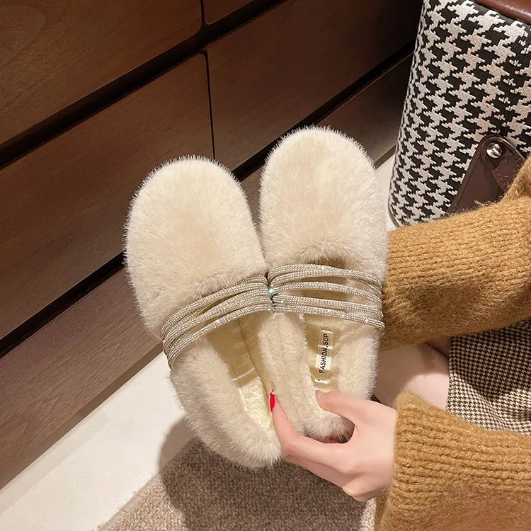 法式水貂毛平底毛毛鞋女外穿2025新款秋冬季一脚蹬毛绒棉鞋豆豆鞋