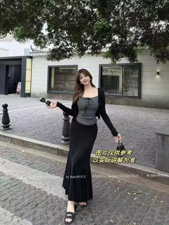 ERLIJIA·松弛感显瘦条纹背心+外搭+半身裙三件套90130