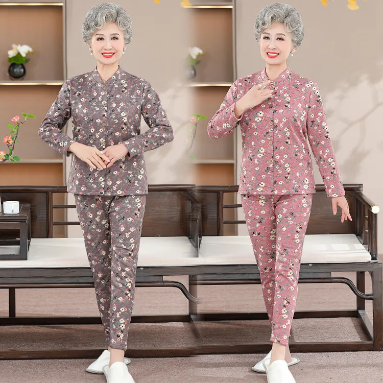 老太太70-80岁厚款加绒圆领女长袖长裤保暖套装妈妈装家居服睡衣