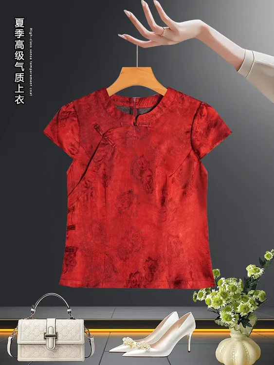 新中式气质红色短袖衬衫女装2025夏季新款百搭显瘦贵气感国风上衣