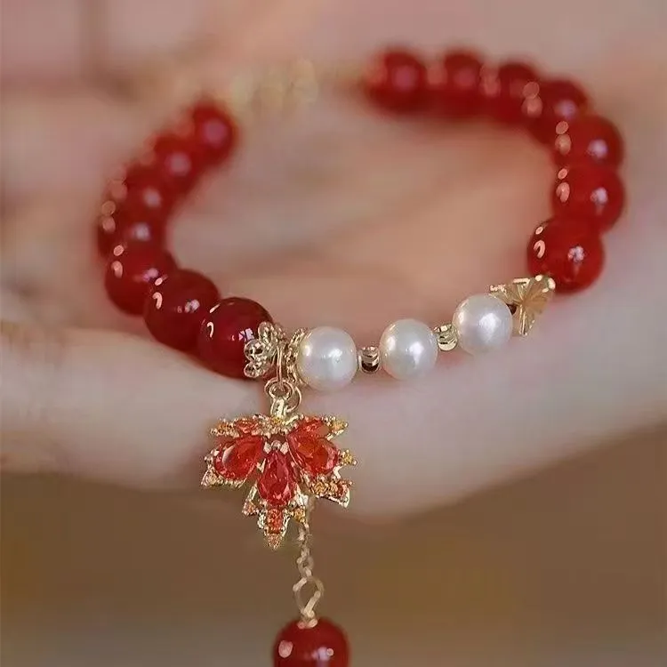合金琉璃手链 枫叶寄相思红豆手链高颜值小众设计ins礼物手链