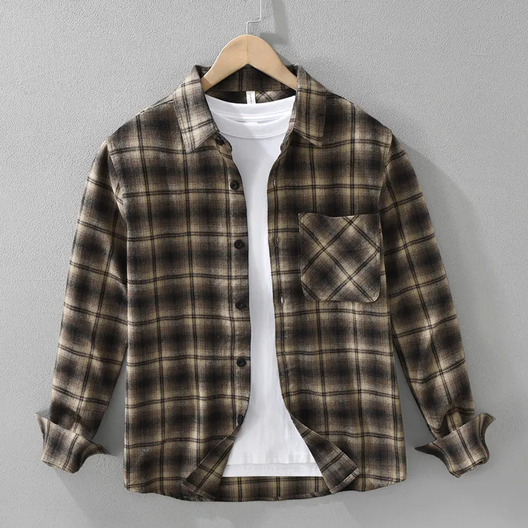 加厚复古格子长袖衬衫男士时尚百搭文艺休闲宽松上衣 7593