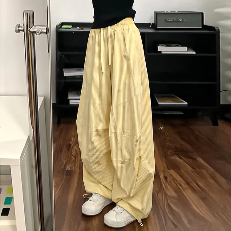 黄色竖条纹刺绣工装裤女夏季薄款2025宽松休闲阔腿裤爵士跳舞裤子