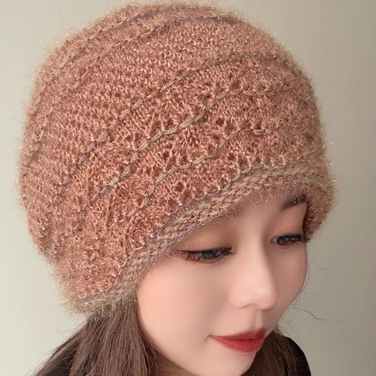 新款冬季双层加厚针织百搭保暖护耳堆堆帽（蝴蝶钩花）