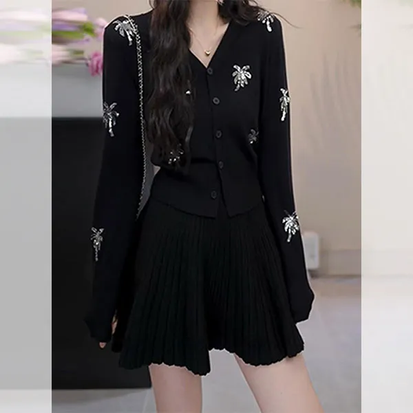 独特漂亮套装裙女2025早秋新款V领亮片针织开衫A字半身短裙两件套