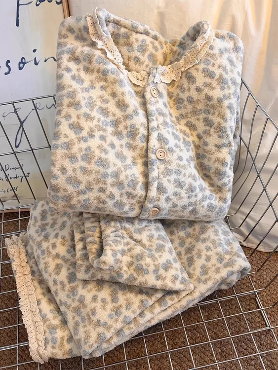 韩系蕾丝花边碎花加绒睡衣女秋冬新款保暖家居休闲服两件套可外穿