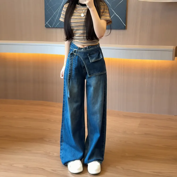 蓝色高级感屁帘假两件阔腿牛仔裤女2025秋季新款高腰直筒拖地裤子