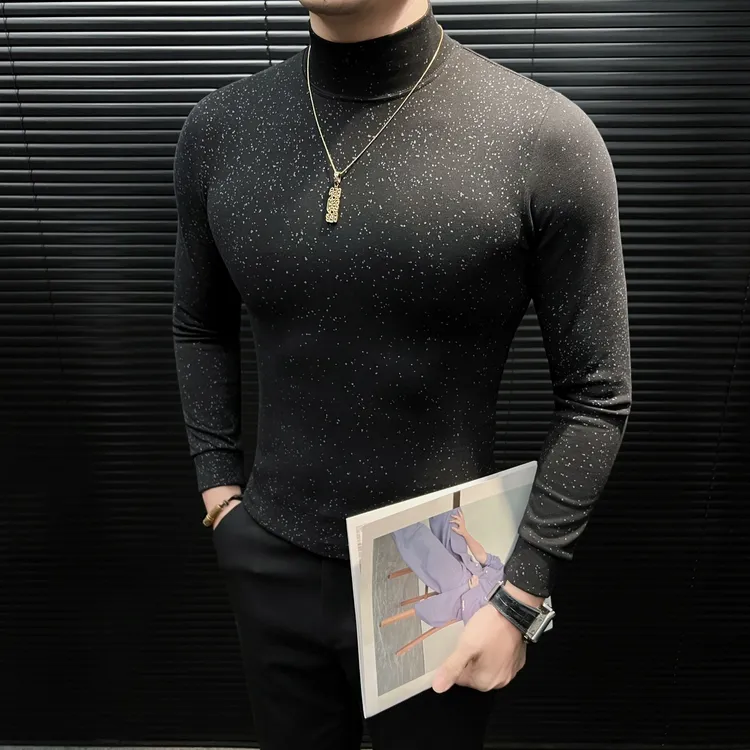 满天星痞帅半高领打底衫男士冬季新款印花韩版修身长袖打底T恤