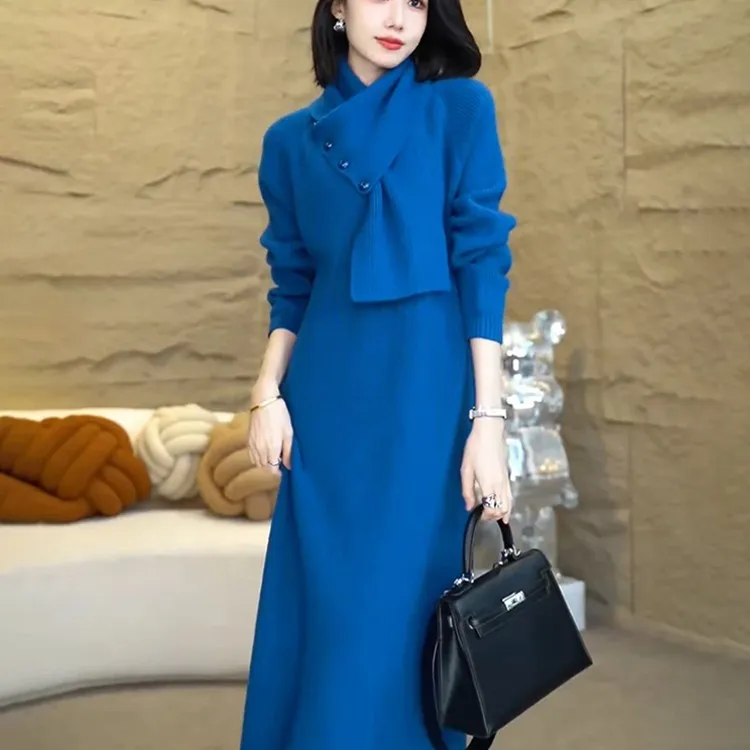 秋冬新款女大衣内搭长裙女针织连衣裙宽松遮肚显瘦过膝围巾毛衣裙