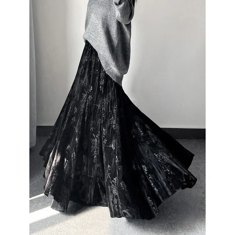 中国风半身裙大裙摆金丝绒裙子女春秋冬复古鱼尾裙女印花长款裙子