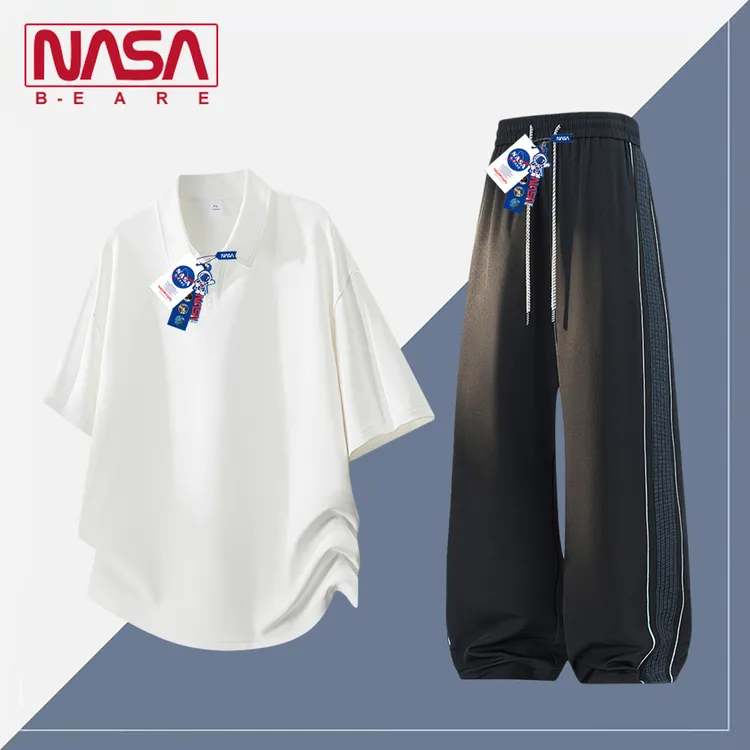 NASA联名POLO衫男短袖套装简约小众夏季薄款T恤阔腿长裤休闲穿搭
