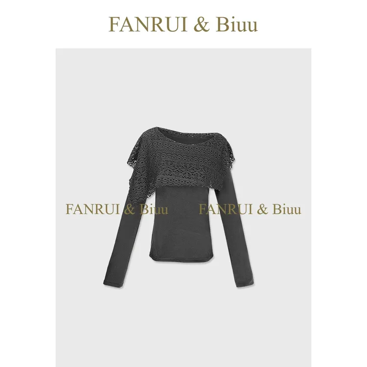 FANRUI/泛芮「绮罗雅韵」蕾丝拼接简约百搭时髦针织打底上衣B19392
