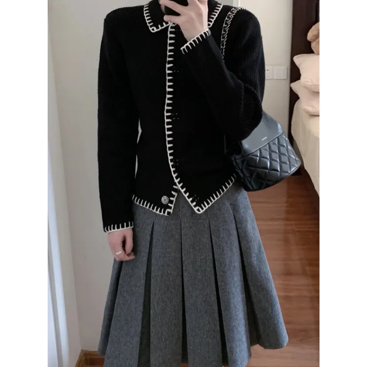 巨好看的法式小香风撞色翻领毛衣开衫外套女秋冬季慵懒风针织上衣