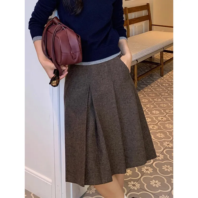 耶古高级感棕色毛呢百褶半身裙女秋冬季高腰设计感压褶a字中长裙