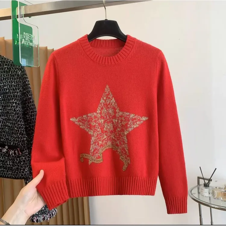 2025秋冬新款羊绒欧货小香风五角星花卉羊绒毛衣上衣女