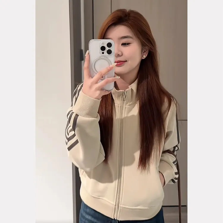 短款卫衣女加绒立领三条杠外套2025秋冬新款拉链上衣开衫小个子款