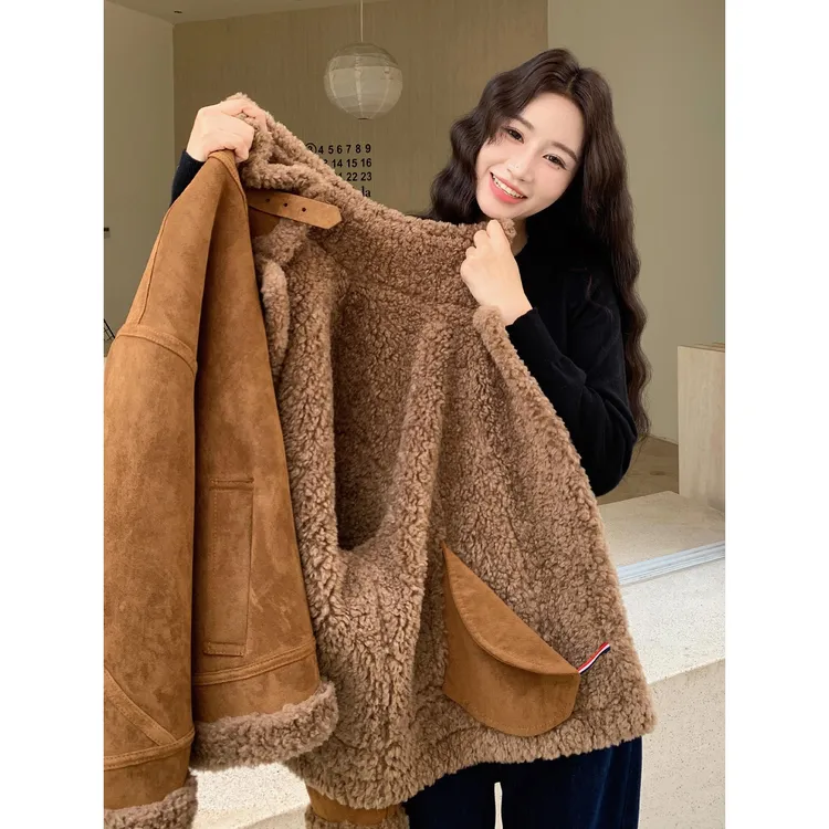 美拉德复古皮毛一体羊羔毛外套女冬季短款加绒加厚保暖羊羔绒棉服