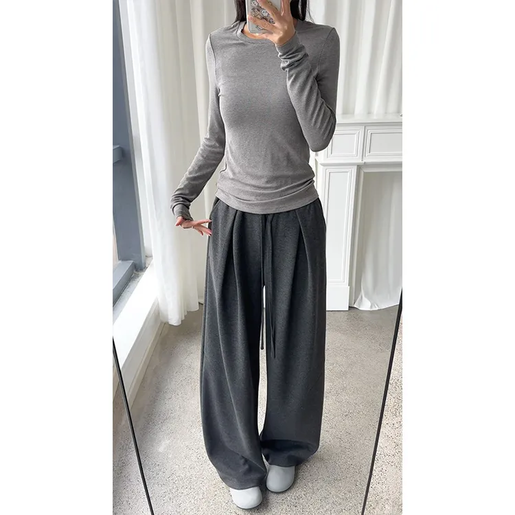 秋冬垂感醋酸羊毛卫裤男女设计感双褶皱直筒阔腿长裤